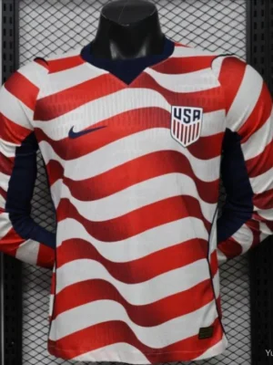 Version 2026 USA White & Red with Wave Stripe Long Sleeve Home Jersey