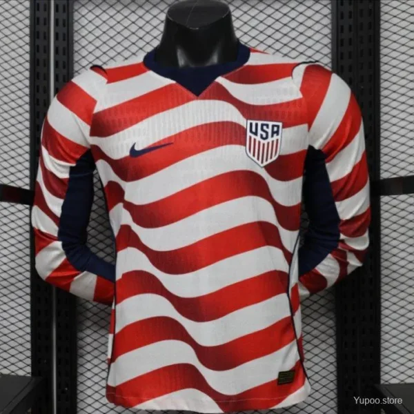 Version 2026 USA White & Red with Wave Stripe Long Sleeve Home Jersey