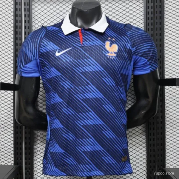 Version 2026 France Home Blue with Diagonal Brushstroke Stripe Polo Collar Jersey
