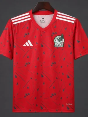 Mexico Red Soccer Jersey with Green Geometric Triangles and Stripe