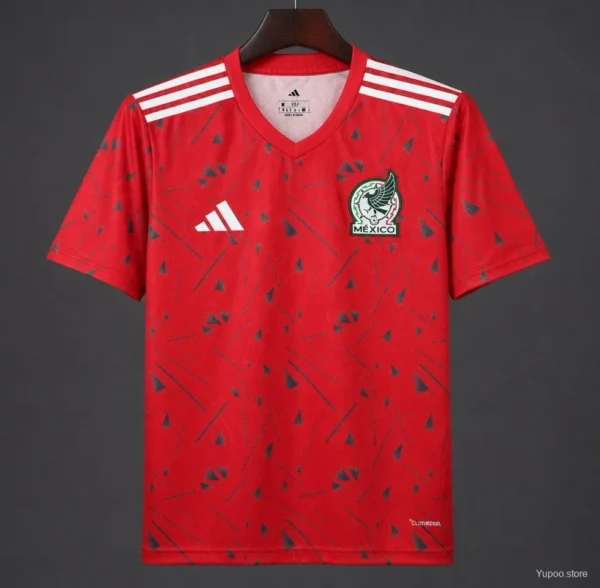 Mexico Red Soccer Jersey with Green Geometric Triangles and Stripe