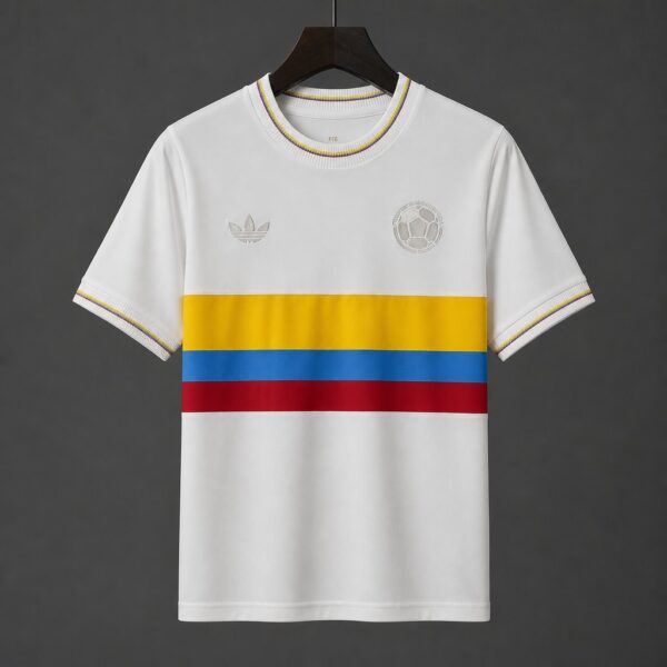 1990 Colombia White With Tricolor Stripes Away Jersey